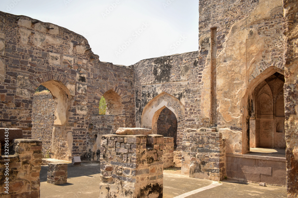 Old Historical Golconda Fort Ruined Walls in India Background stock photograph