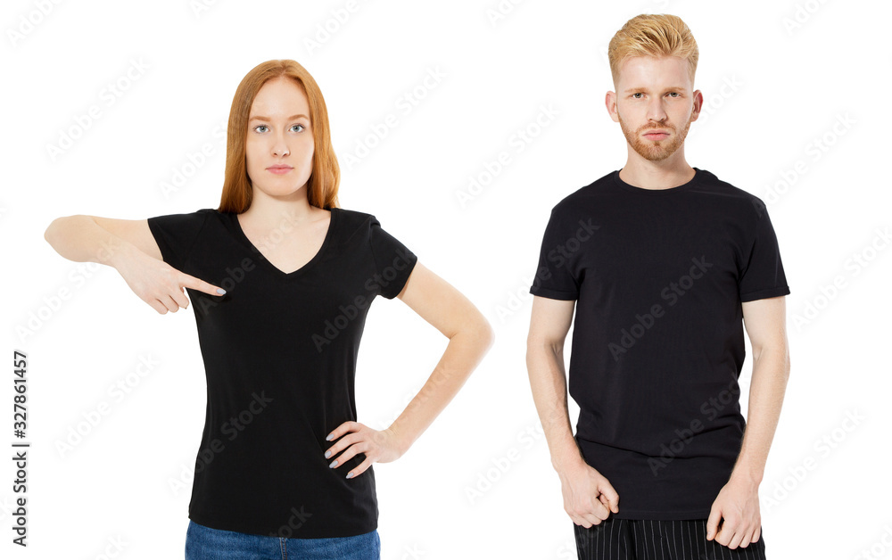 Shirt design and people concept - close up of red hair man and woman in blank black t-shirt front isolated Shirt design and people concept - close up of red hair man and woman in blank black t-shirt front isolated