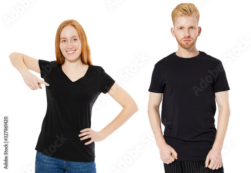 Norway Woman and man in black polo shirts mock up