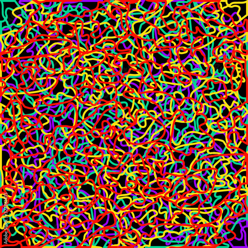 Random colored tangled ropes and red lines.