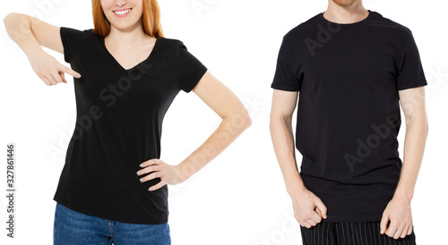 Black t-shirt close up mock up background - front view of man and woman in empty black polo shirt