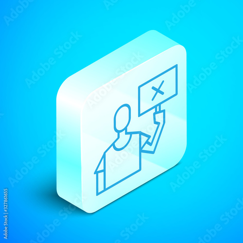 Isometric line Nature saving protest icon isolated on blue background. Earth planet protection, environmental issues demonstration. Silver square button. Vector Illustration