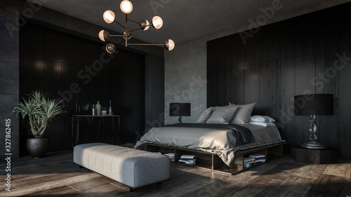 Design of luxury bedroom with dark interior