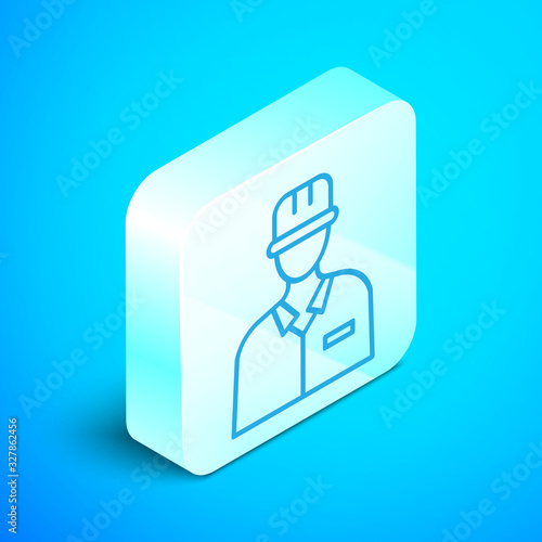 Isometric line Oilman icon isolated on blue background. Silver square button. Vector Illustration