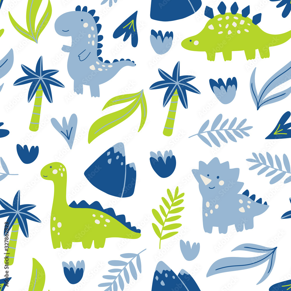 Vector seamless pattern with cute dinosaur character. Hand drawn with palm tree, leaves, flowers and mountain. Cartoon design in childish doodle style for textile, concept, books