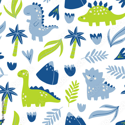 Fototapeta Naklejka Na Ścianę i Meble -  Vector seamless pattern with cute dinosaur character. Hand drawn with palm tree, leaves, flowers and mountain. Cartoon design in childish doodle style for textile, concept, books