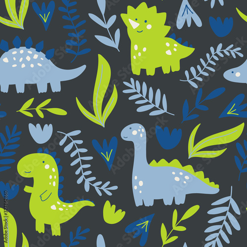 Cute vector seamless pattern with dinosaurs character. Dino illustration on dark background in doodle childish style with plants and flowers. For childish design  concept and textile