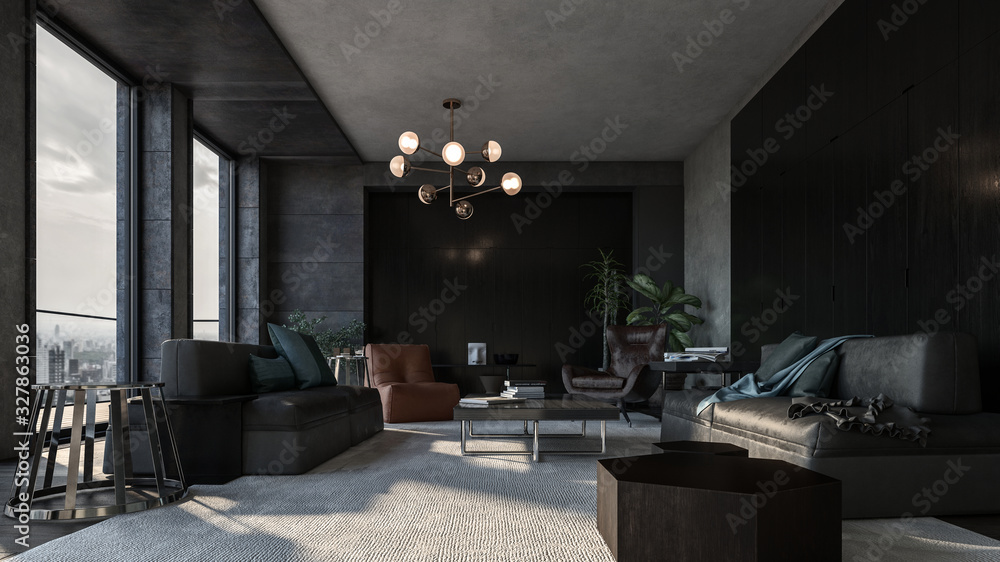 Spacious long living room with dark design - obrazy, fototapety, plakaty 