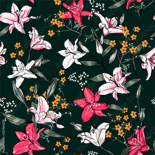 Beautiful blooming seamless pattern with white and pink Lilly. Hand drawing illustration