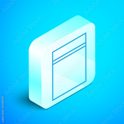 Isometric line Plastic bag with ziplock icon isolated on blue background. Silver square button. Vector Illustration
