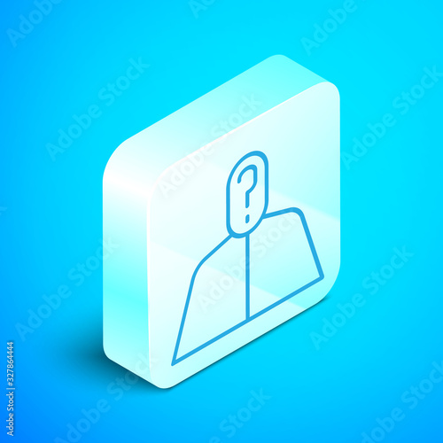 Isometric line Anonymous man with question mark icon isolated on blue background. Unknown user, incognito profile, business secrecy, obscurity. Silver square button. Vector Illustration