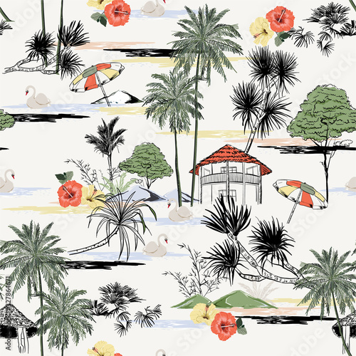 Trendy colorful seamless island seamless pattern vector. Landscape with palm trees,beach and ocean hibiscus flower, swans ,hut vector hand drawn style