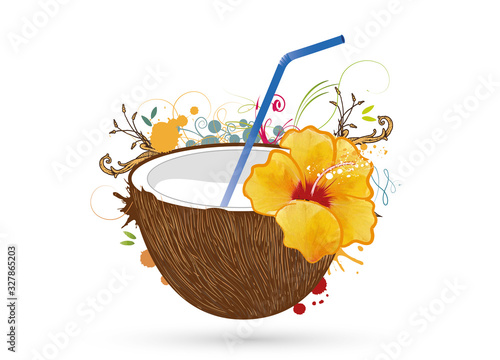 Kokosnuss Cocktail mit Hibiskus Blüte & Trinkhalm