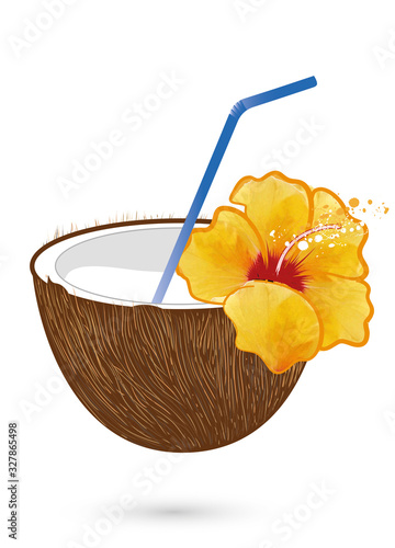 Kokosnuss Cocktail mit Hibiskus Blüte & Trinkhalm