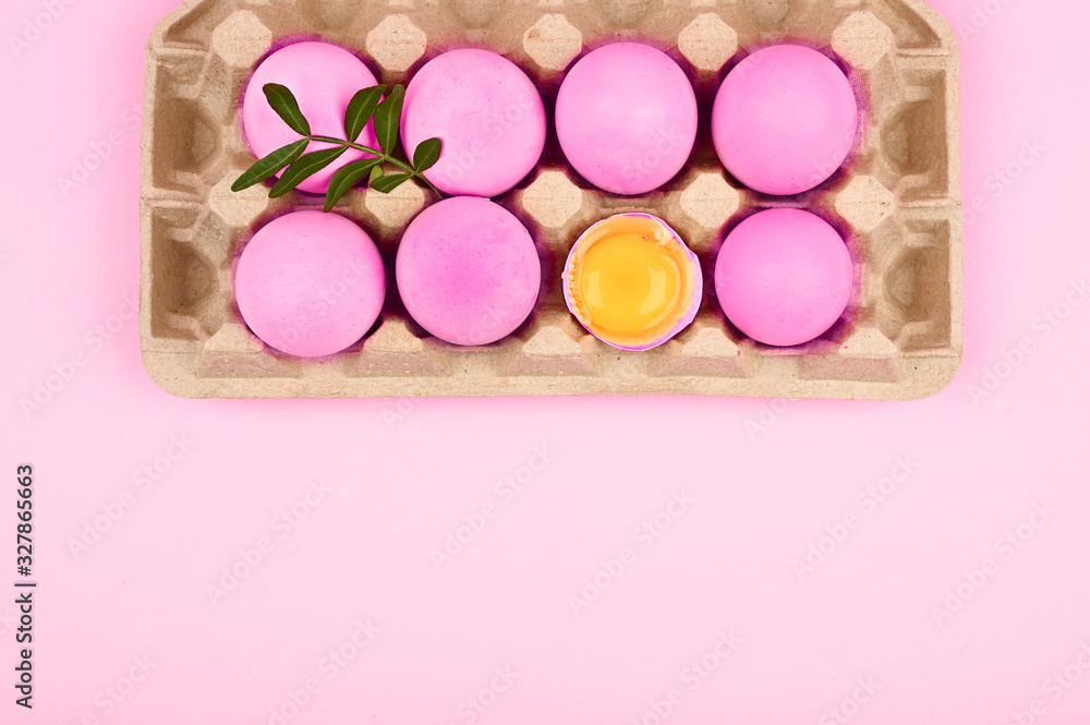 Pink eggs top view. Place for an inscription. White sheet for writing wishes for Easter. minimalistic trend, top view. Easter concept. Pink eggs top view. Place for an inscription. White sheet for writing wishes for Easter. minimalistic trend, top view. Easter concept.