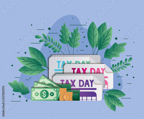 tax day documents bills coins and leaves vector design