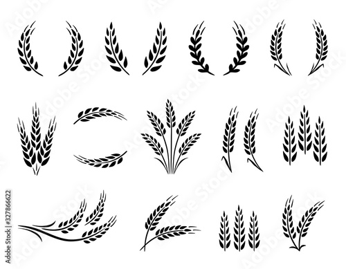 Fotografija Wheat wreaths and grain spikes set icons