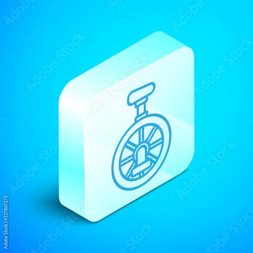 Isometric line Unicycle or one wheel bicycle icon isolated on blue background. Monowheel bicycle. Silver square button. Vector Illustration