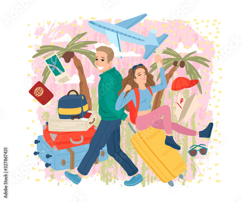 Couple traveling together with luggage. Travel concept. Vector cartoon illustration