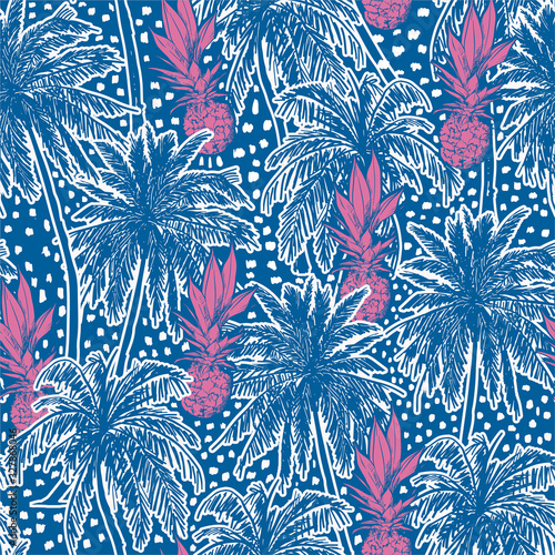 Hand drawn palm trees and pineapple with polka dots summer mood seamless pattern in vector EPS10 ,Design for fashion,fabric,web,wallpaper,wrapping and all prints