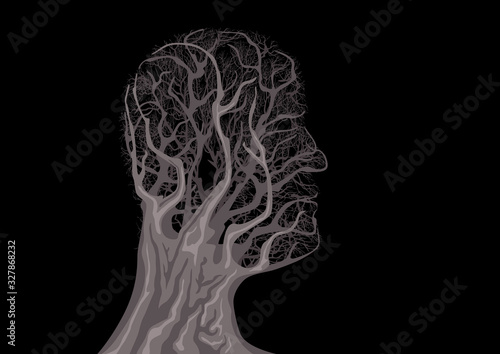 Concept psychiatrique avec l’illustration imaginaire d’un arbre qui dessine le profil d’un homme pour symboliser l’esprit et le rêve.