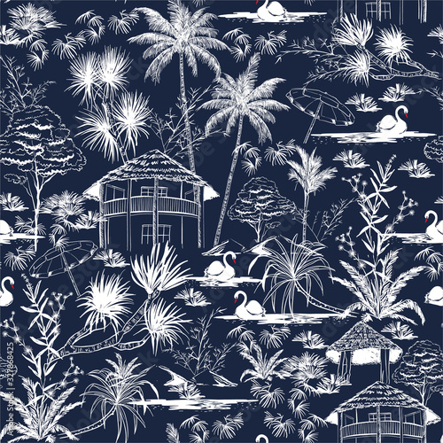 Beautiful Monotone white and blue Hand drawn summer island with hut and swan vacation vibes seamless pattern vector EPS10, Design for fashion,fabric,web,wrapping,all prints