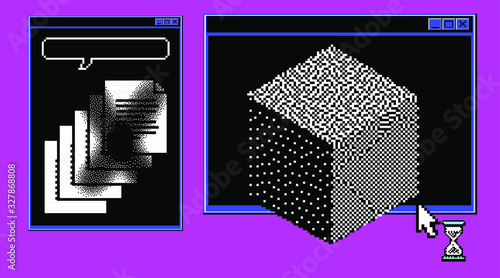 Surreal collage in pixel art style with console window and 3d cube. Vaporwave and retrowave aesthetics.