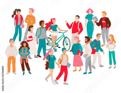 Multicultural team. Group of young men and women communicates. Vector illustration