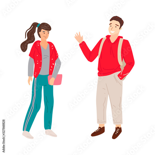 Man greeting woman. Friends meeting. Vector illustration