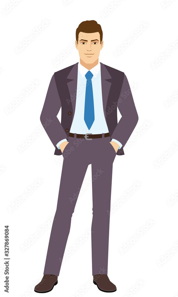 Smiling Businessman standing with hands in pockets. Full length portrait of Businessman in a flat style.