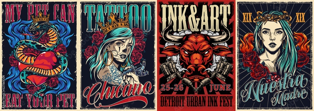 Fototapeta Vintage colorful tattoo conventions posters