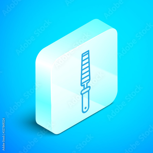 Isometric line Chisel tool for wood icon isolated on blue background. Silver square button. Vector Illustration