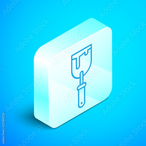 Isometric line Putty knife icon isolated on blue background. Spatula repair tool. Spackling or paint instruments. Silver square button. Vector Illustration