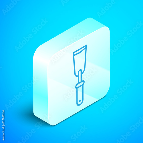 Isometric line Putty knife icon isolated on blue background. Spatula repair tool. Spackling or paint instruments. Silver square button. Vector Illustration