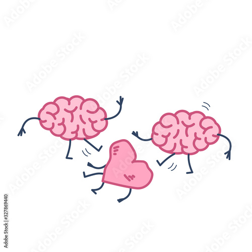 Two brains attacking heart on the ground. Vector concept illustration of sensitivity and feeling under attack of dominant mind | flat design linear infographic icon colorful on white background