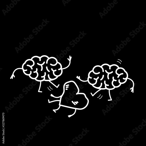 Two brains attacking heart on the ground. Vector concept illustration of sensitivity and feeling under attack of dominant mind | flat design linear infographic icon white on black background