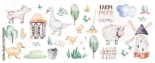 Panel kuchenny z motywem farms animal set mill. Cute domestic pets watercolor illustration. horse and goose. ranchp pig design with goat. rooster chicken and sheep, cow.