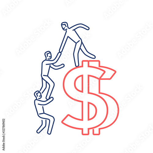 Vector business icon of team help cooperation climbing on dolar sign | modern flat design linear concept illustration and infographic red and blue on white background