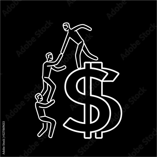 Vector business icon of team help cooperation climbing on dolar sign | modern flat design linear concept illustration and infographic white on black background