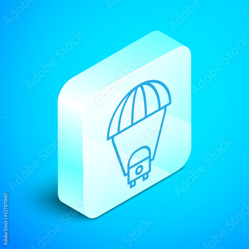 Isometric line Planet Saturn with planetary ring system icon isolated on blue background. Silver square button. Vector Illustration