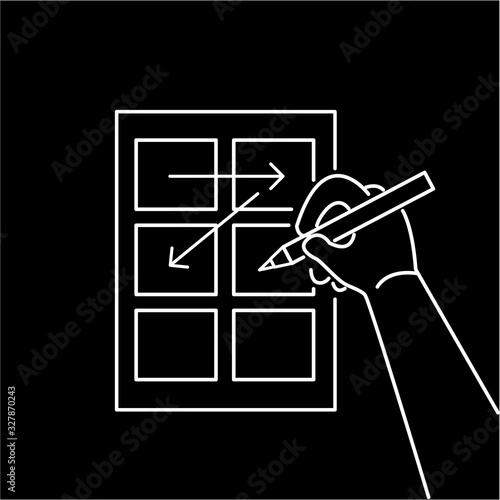 Conceptual vector storyboard icon of hand drawing creative sketches | modern flat design marketing and business linear illustration and infographic concept white on black background