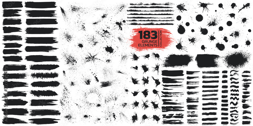 Large collection of detailed grunge elements. Set of brush strokes, spots, sprays, splatters, stains, banners isolated on white background. Vector illustration