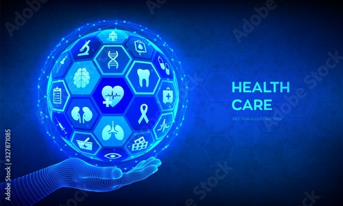Health care and medical services concept. Emergency service Healthcare diagnosis and treatment. Abstract 3D sphere or globe with surface of hexagons with icons in wireframe hand. Vector illustration.