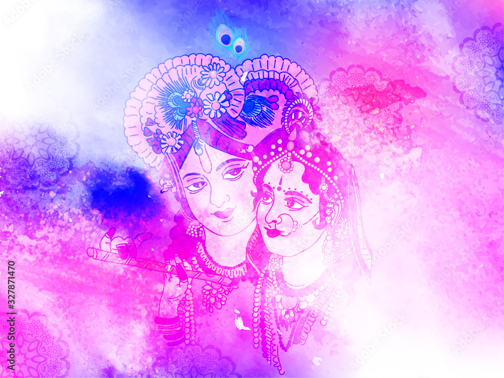 Goddess Radha lord Krishna Illustration with colorful holi background