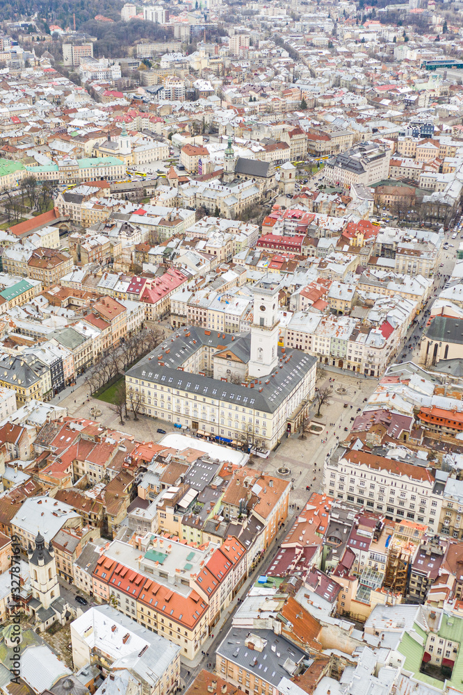 View on Lviv city hall from drone