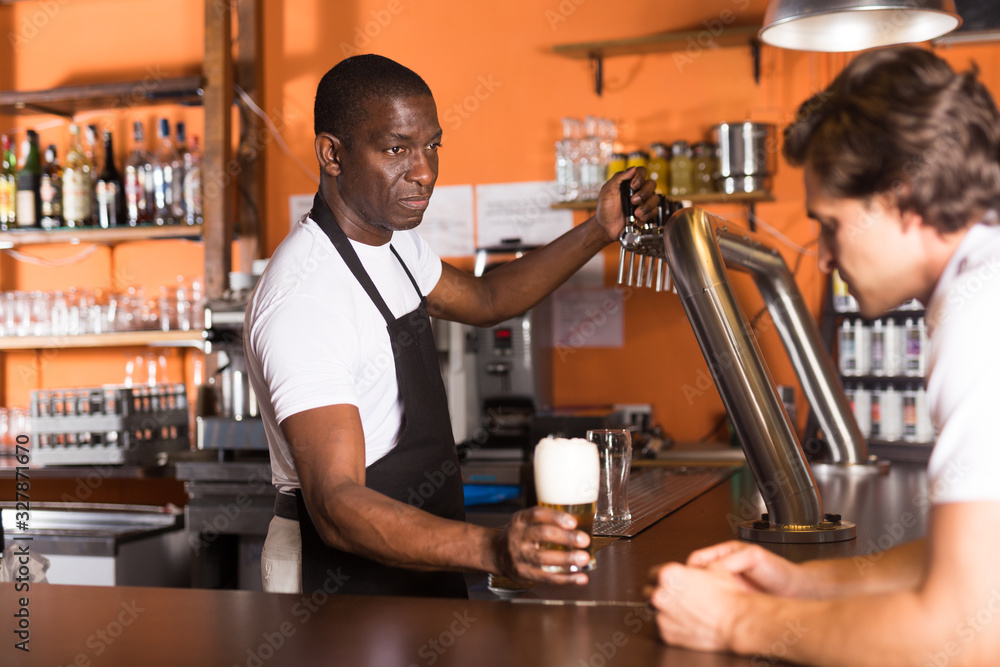 Fototapeta premium Young man bartender giving beer with foam to man client