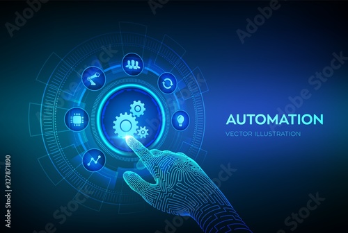 Automation Software. IOT and Automation concept as an innovation, improving productivity in technology and business processes. Robotic hand touching digital interface. Vector illustration.
