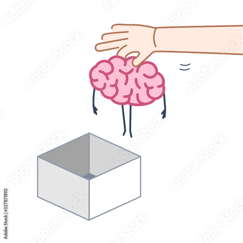 Hand putting brain out of the box. Vector concept illustration of unconventional thinking out of the box | flat design linear infographic icon colorful on white background