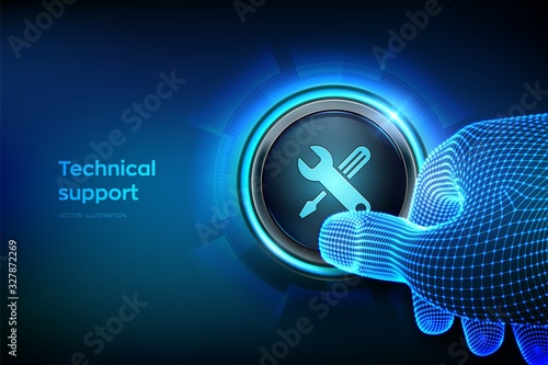Technical support button. Closeup finger about to press a button. Customer help. Tech support. Customer service, Business and technology concept. Vector illustration.