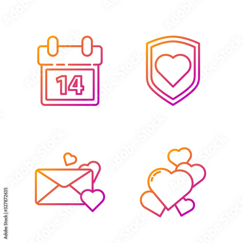 Set line Heart, Envelope with heart, Calendar with February 14 and Heart with shield. Gradient color icons. Vector